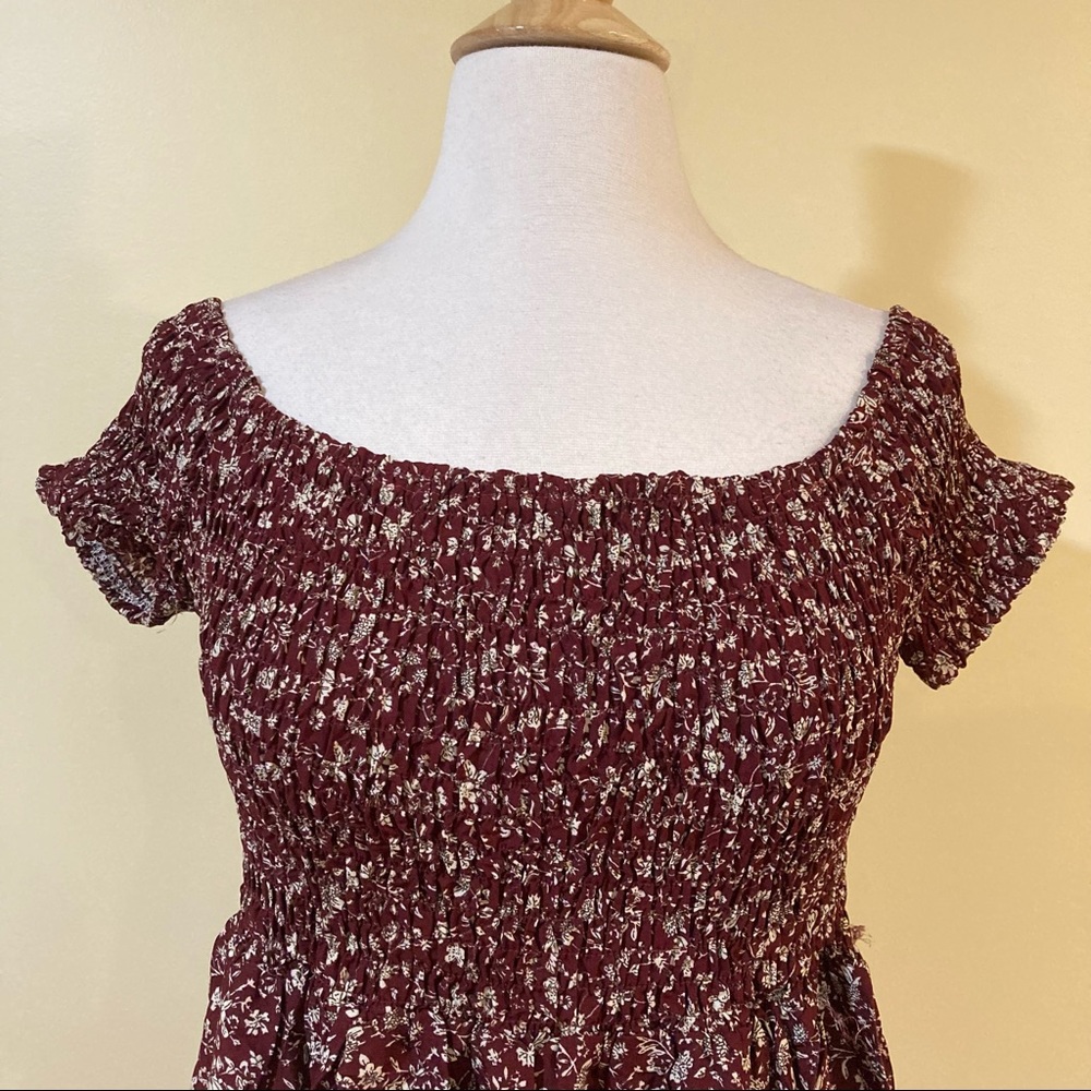 Off Shoulder Burgundy Floral Smocked Dress Two Front Slits Short Sleeves - Picture 4 of 5